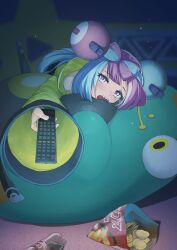 Rule 34 | 1girl, absurdres, aqua hair, bellibolt, blush, bottle, character hair ornament, chips (food), cola, commentary request, controller, creatures (company), food, game freak, hair ornament, highres, holding, holding remote control, indoors, iono (pokemon), jacket, long hair, long sleeves, looking at viewer, lying, nintendo, on stomach, open mouth, pearlbbbb, pokemon, pokemon (creature), pokemon sv, purple eyes, purple hair, remote control, sharp teeth, teeth, upper teeth only, yellow jacket