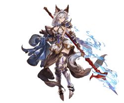 Rule 34 | 10s, 1girl, animal ears, armor, braid, breasts, brown eyes, cleavage, earrings, erune, full body, gauntlets, gloves, granblue fantasy, greaves, heles, holding, holding weapon, jewelry, long hair, looking at viewer, minaba hideo, official art, pauldrons, pelvic curtain, polearm, serious, shoulder armor, skirt, solo, thighhighs, transparent background, weapon, white hair