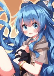 Rule 34 | 1girl, blue bow, blue eyes, blue hair, blush, bow, bracelet, brown background, commentary request, debt, gradient background, hair bow, highres, jewelry, long hair, looking at viewer, open mouth, ruu (tksymkw), short sleeves, solo, stuffed animal, stuffed cat, stuffed toy, touhou, very long hair, yorigami shion