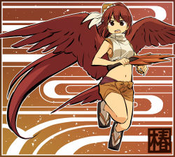 Rule 34 | 1girl, absurdly long hair, bird tail, brown hair, coat, full body, long hair, looking at viewer, navel, open mouth, sleeveless, sleeveless coat, smile, solo, tail, very long hair, wings, yudepii