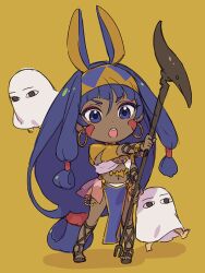 Rule 34 | 1girl, :o, animal ears, chibi, dark-skinned female, dark skin, earrings, egyptian clothes, facial mark, fake animal ears, fate/grand order, fate (series), gladiator sandals, hairband, holding, holding staff, holding weapon, hoop earrings, isshoku (shiki), jackal ears, jewelry, looking at viewer, medjed (fate), mini person, nitocris (fate), pelvic curtain, purple eyes, sandals, simple background, staff, teeth, upper teeth only, weapon, yellow background, yellow hairband