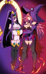 Rule 34 | 2girls, absurdres, arc system works, blazblue, breasts, cleavage, hades izanami, hat, high heels, highres, konoe a. mercury, large breasts, long hair, multiple girls, pink hair, witch hat