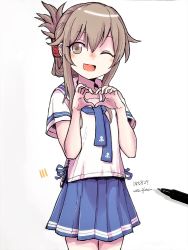 Rule 34 | 1girl, alternate costume, anchor symbol, blue neckerchief, blue skirt, brown eyes, brown hair, cowboy shot, dated, folded ponytail, heart, heart hands, inazuma (kancolle), kantai collection, long hair, looking at viewer, neckerchief, one eye closed, open mouth, pen, pleated skirt, school uniform, serafuku, simple background, skirt, smile, solo, twitter username, unagiman, white background