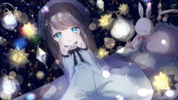 Rule 34 | 1girl, aqua eyes, artist request, beret, black bow, black bowtie, blue dress, blue hat, blush, bow, bowtie, brown hair, child, crystal, dress, dutch angle, female focus, flat chest, hands up, hat, highres, kumonoue yumemi, lantern, light blush, long hair, long sleeves, looking at viewer, official art, on bed, open mouth, pillow, sitting, solo, sparkle, star (sky), straight-on, stuffed animal, stuffed rabbit, stuffed toy, swept bangs, virtual youtuber, yumemi channel