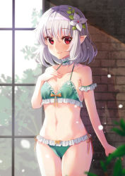 Rule 34 | 1girl, absurdres, arm garter, bare arms, bare shoulders, bra, breasts, choker, collarbone, cowboy shot, elf, flower, frilled bra, frilled choker, frilled panties, frills, green bra, green choker, green panties, hair flower, hair ornament, halterneck, hand on own chest, hand up, highres, holmemee, kokkoro (princess connect!), looking at viewer, navel, panties, pointy ears, princess connect!, red eyes, short hair, sidelocks, silver hair, small breasts, smile, solo, split mouth, standing, stomach, string bra, thigh gap, thighs, underwear, underwear only, window