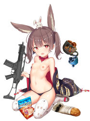 Rule 34 | 1girl, absurdres, animal ears, bikini, bikini bottom only, black bikini, black hair, black panties, bow, breasts, chips (food), choker, collarbone, female focus, food, full body, gun, hamachi hazuki, heart, heart-shaped pupils, highres, japanese clothes, long hair, looking at viewer, navel, nipples, no bra, original, panties, print thighhighs, rabbit ears, seiza, shiny skin, shoes, simple background, sitting, small breasts, solo, swimsuit, symbol-shaped pupils, thighhighs, topless, twintails, underwear, weapon, white background, white thighhighs