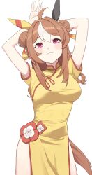 Rule 34 | 1girl, ahoge, animal ears, arms up, asobi nin, blush, breasts, brown hair, china dress, chinese clothes, closed mouth, commentary request, copano rickey (umamusume), cowboy shot, double bun, dress, ear covers, ear ornament, hair between eyes, hair bun, hair ornament, highres, horse ears, horse girl, horse tail, long hair, looking at viewer, medium breasts, multicolored hair, pelvic curtain, pink eyes, short sleeves, simple background, smile, solo, streaked hair, tail, tassel, tassel hair ornament, umamusume, white background, white hair, yellow dress