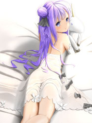 Rule 34 | :o, absurdres, ahoge, azur lane, back, backless dress, backless outfit, bare legs, bare shoulders, black bow, blue eyes, blunt bangs, bow, dress, elbow gloves, gloves, hair bun, hair ornament, highres, long hair, looking at viewer, looking back, lying, matcha (user yyss8744), on bed, on stomach, open mouth, purple hair, single hair bun, stuffed toy, stuffed unicorn, unicorn (azur lane), white dress, white gloves