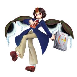 Rule 34 | 1other, androgynous, blue jacket, blue sleeves, briefcase, brown footwear, brown hair, brown pants, brown wings, chikafumikou, closed mouth, collared shirt, commentary request, dripping, earthen miraculous sword, full body, hand on own chest, headgear, highres, holding, holding briefcase, holding notebook, jacket, kokutenshi hibaru, len&#039;en, len'en, long sleeves, looking at viewer, necktie, notebook, other focus, pants, red eyes, red headwear, red necktie, shirt, shoes, short hair, simple background, smile, socks, solo, teardrop, white background, white shirt, white socks, wings