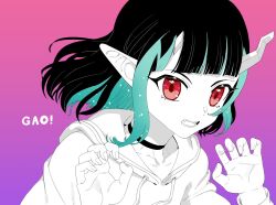 Rule 34 | 1girl, alternate costume, black hair, blue hair, blunt bangs, blush, buren, claw pose, commentary request, demon girl, demon horns, fang, fingernails, gao, gradient background, highres, hood, hood down, hoodie, horns, looking at viewer, medium hair, multicolored hair, nanashi inc., open mouth, pink background, pointy ears, purple background, red eyes, shishio chris, solo, two-tone hair, upper body, virtual youtuber
