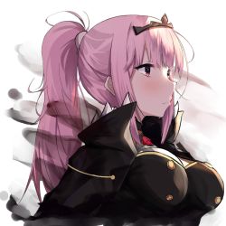 Rule 34 | 1girl, alternate hairstyle, black cloak, black dress, blush, breasts, cloak, closed mouth, commentary, dress, english commentary, from side, highres, hololive, hololive english, long hair, medium breasts, mori calliope, narucchii, pink eyes, pink hair, ponytail, simple background, solo, spikes, tiara, upper body, virtual youtuber, white background