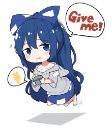Rule 34 | 1girl, bangle, barefoot, blue bow, blue eyes, blue hair, blue skirt, blush, bow, bowl, bracelet, chibi, collarbone, debt, english text, full body, grey hoodie, hair between eyes, hair bow, holding, holding bowl, hood, hoodie, jewelry, jumping, long hair, looking at viewer, neropaso, open mouth, shadow, short sleeves, simple background, skirt, solo, speech bubble, touhou, very long hair, white background, yen sign, yorigami shion