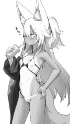Rule 34 | 1girl, animal ear fluff, animal ears, bikini, breasts, cowboy shot, criss-cross halter, cup, disposable cup, drink, drinking, drinking straw, fox ears, fox tail, from side, greyscale, groin, halterneck, hand on own hip, highres, holding, holding cup, holding drink, long hair, lowleg, lowleg bikini, monochrome, multi-strapped bikini, navel, one-piece tan, one side up, original, profile, simple background, small breasts, solo, stomach, sweat, swimsuit, tail, tan, tanline, very long hair, white background, yoshizawa tsubaki