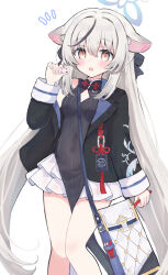 Rule 34 | 1girl, animal ear fluff, animal ears, black dress, black jacket, blue archive, breasts, china dress, chinese clothes, dress, grey hair, halo, highres, jacket, kokona (blue archive), long hair, looking at viewer, open mouth, sateto (user knrf2332), simple background, small breasts, solo, striped clothes, striped dress, white background
