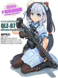 Rule 34 | autocannon, automatic grenade launcher, bipod, black footwear, black gloves, black hair, black thighhighs, blue dress, blue eyes, blue hair, boots, bun cover, cannon, china dress, chinese clothes, closed mouth, commentary, dress, drum magazine, english text, eyebrows, floral print, gloves, grenade launcher, hair bun, hair ornament, hair tie, high-capacity magazine, high collar, highres, holding, holding weapon, long gun, long hair, magazine (weapon), mikeran (mikelan), multicolored hair, norinco (firearms manufacturer), original, ponytail, print dress, qlz-87, scope, shadow, short dress, short sleeves, side slit, sight (weapon), single hair bun, sitting, smile, telescopic sight, thighhighs, translated, trigger discipline, two-tone hair, v-shaped eyebrows, wariza, weapon, weapon focus, weird guns of the world, white background, xiafeng machinery