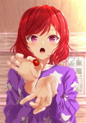 Rule 34 | 1girl, artist name, artist request, athha, blush, female focus, food, hair between eyes, highres, holding, holding food, house, looking at viewer, love live!, love live! school idol festival, love live! school idol project, nishikino maki, open mouth, pajamas, parted lips, purple eyes, purple pajamas, red hair, room, short hair, smile, solo, star (symbol), star print, tomato, window