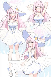 1girl alternate_costume armpits arms_behind_back arms_behind_head bare_arms bare_shoulders blue_archive blush closed_mouth dress feathered_wings hair_between_eyes hair_bun hat highres long_hair looking_at_viewer mika_(blue_archive) moon_(ornament) open_mouth sateto_(user_knrf2332) shoes sidelocks single_side_bun sleeveless sleeveless_dress smile sun_hat sundress white_dress white_hat white_shoes wings yellow_eyes