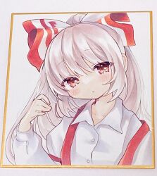 Rule 34 | 1girl, bow, closed mouth, collarbone, collared shirt, commentary, fujiwara no mokou, grey hair, hair bow, highres, long hair, long sleeves, looking at viewer, moni monico, red eyes, shirt, simple background, solo, suspenders, touhou, upper body
