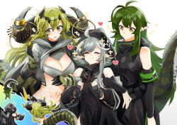 Rule 34 | 3girls, ahoge, antenna hair, arknights, arm at side, armband, arms up, bare shoulders, black gloves, black sleeves, breasts, cleavage, closed eyes, crocodilian tail, cropped shirt, detached sleeves, estelle (arknights), gavial (arknights), gloves, goggles, goggles around neck, green armband, green hair, grey shirt, hair between eyes, hands up, heart, hood, hood up, horn ornament, horns, iwashi 80, large breasts, locked arms, long hair, looking at another, looking to the side, material growth, midair, midriff, multiple girls, navel, open mouth, oripathy lesion (arknights), partially fingerless gloves, pointy ears, scar, scar on face, shirt, short hair with long locks, sideways glance, simple background, sleeveless, sleeveless shirt, small breasts, smile, sparkle, tail, tomimi (arknights), white background, yellow eyes