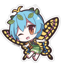 Rule 34 | 1girl, 60mai, antennae, aqua hair, barefoot, blush, butterfly wings, chibi, dress, eternity larva, fairy, full body, green dress, hair between eyes, insect wings, leaf, leaf on head, multicolored clothes, multicolored dress, one eye closed, open mouth, orange eyes, outstretched arms, short hair, short sleeves, simple background, smile, solo, spread arms, third-party source, touhou, white background, wings