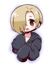 Rule 34 | 1girl, :d, black hoodie, blue outline, blush, brown eyes, collarbone, commentary request, cropped torso, ear piercing, hair over one eye, hands up, highres, hood, hood down, hoodie, idolmaster, idolmaster cinderella girls, long sleeves, naga u, open mouth, outline, piercing, shirasaka koume, short hair, sleeves past fingers, sleeves past wrists, smile, solo, upper body, white background