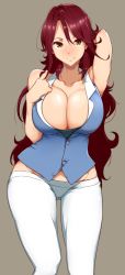 Rule 34 | 1girl, arm behind head, arm up, armpits, bare arms, bare shoulders, blue vest, blush, breasts, brown eyes, cleavage, closed mouth, collarbone, commentary request, cowboy shot, duplicate, gluteal fold, grey background, groin, gundam, gundam 00, hand on own chest, highres, large breasts, long hair, looking at viewer, no bra, nose blush, pants, purple hair, simple background, smile, solo, sumeragi lee noriega, tokiwa midori (kyokutou funamushi), very long hair, vest, white pants