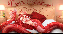 Rule 34 | 1girl, alcohol, bed, breasts, champagne, christmas, krabbytheartist, lamia, lamp, large breasts, long hair, lying, miia (monster musume), monster girl, monster musume no iru nichijou, on bed, patreon username, pillow, rattle, red hair, ribbon, santa costume, writing on wall, yellow eyes