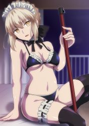 Rule 34 | 1girl, artoria pendragon (alter swimsuit rider) (fate), artoria pendragon (alter swimsuit rider) (second ascension) (fate), artoria pendragon (fate), bikini, black ribbon, black thighhighs, blonde hair, braid, breasts, fate/grand order, fate (series), french braid, frilled bikini, frills, hair between eyes, hair ribbon, hara (harayutaka), highres, large breasts, looking at viewer, maid headdress, navel, open mouth, ribbon, short hair, sitting, swimsuit, thighhighs, yellow eyes