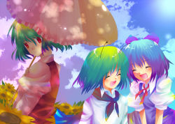 Rule 34 | 3girls, amadukijou, amazuki jou, antennae, bad id, bad pixiv id, blue hair, bow, cape, cirno, closed eyes, cloud, day, fang, field, flower, flower field, green hair, hair bow, kazami yuuka, laughing, looking back, multiple girls, open mouth, red eyes, sunflower, sunflower field, touhou, transparent, umbrella, v arms, vest, wriggle nightbug