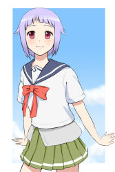 Rule 34 | 1girl, :3, bad id, bad pixiv id, bow, chama, fnc (upotte!!), highres, purple hair, red eyes, school uniform, serafuku, short hair, silver hair, skirt, solo, upotte!!