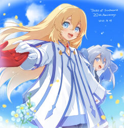 Rule 34 | 0x0 srnk, 1girl, 2boys, anniversary, arm behind head, arm up, blonde hair, blue eyes, blue flower, blue jacket, blue sky, blue trim, cloud, cloudy sky, colette brunel, commentary request, cowboy shot, dated, day, falling petals, flower, genius sage, gloves, grey hair, hair between eyes, highres, holding hands, jacket, jewelry, light blush, lloyd irving, long hair, long sleeves, looking at viewer, multiple boys, neck ring, necklace, open mouth, out of frame, outdoors, outstretched arms, outstretched hand, petals, red gloves, robe, short sleeves, shorts, sky, tales of (series), tales of symphonia, teeth, upper teeth only, white gloves, white robe