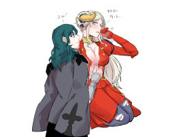 Rule 34 | 2girls, armor, blonde hair, blue eyes, blue hair, breasts, byleth (female) (fire emblem), byleth (fire emblem), cape, chuuum m, closed mouth, edelgard von hresvelg, fire emblem, fire emblem: three houses, gloves, hair ornament, highres, horns, long hair, looking at viewer, multiple girls, nintendo, pantyhose, red cape, scar, short hair, simple background, torn clothes, torn legwear, upper body, white background, yuri