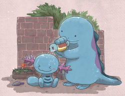 Rule 34 | &gt; &lt;, blush, brick wall, closed mouth, commentary request, creatures (company), evolutionary line, flower, game freak, gen 1 pokemon, gen 2 pokemon, highres, holding, kotobukkii (yt lvlv), nintendo, no humans, pokemon, pokemon (creature), quagsire, sitting, smile, solid circle eyes, squirtle, themed object, toes, watering, watering can, wooper