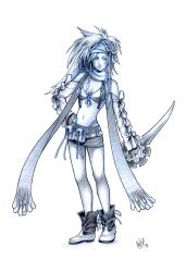 Rule 34 | 00s, 1girl, ankle boots, bare shoulders, belt, belt pouch, bikini, bikini top only, blue theme, boots, breasts, cleavage, closed mouth, detached sleeves, final fantasy, final fantasy x, final fantasy x-2, fingerless gloves, full body, gloves, hair bobbles, hair ornament, hand on own hip, head scarf, holding, holding sword, holding weapon, long hair, long sleeves, looking at viewer, medium breasts, miniskirt, monochrome, navel, no socks, pouch, rikku (ff10), simple background, skirt, smile, solo, standing, stomach, swimsuit, sword, tsurime, warren, weapon, white background