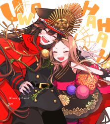 Rule 34 | 2girls, belt, black dress, black gloves, black hair, brown hair, cape, chacha (fate), closed eyes, dress, fate/grand order, fate (series), gloves, hairband, hand on own hip, hat, highres, laughing, long hair, multiple girls, oda nobunaga (fate), oda nobunaga (koha-ace), red cape, white gloves, yellow hairband, yui (tamagohan)