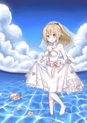 Rule 34 | 1girl, absurdres, bad id, bad pixiv id, bare shoulders, barefoot, blonde hair, blush, bouquet, bow, bracelet, breasts, cloud, day, dress, flower, full body, highres, jewelry, medium breasts, original, ponytail, purple eyes, skirt hold, sky, snowmi, solo, wading, water, wedding dress