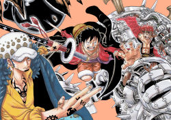 Rule 34 | 3boys, absurdres, attack, clenched hands, clenched teeth, devil fruit, eustass kid, exoskeleton, hat, highres, holding, holding sword, holding weapon, incoming attack, incoming punch, jacket, jacket on shoulders, jumping, male focus, mechanical arms, monkey d. luffy, multiple boys, muscular, muscular male, oda eiichirou (style), official style, one piece, pectorals, punching, riku (rikuw223xx), scar, scar on chest, serious, sheath, sheathed, straw hat, sword, teamwork, teeth, trafalgar law, weapon