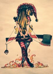 Rule 34 | 1girl, absurdres, american flag dress, american flag legwear, arms behind back, axe, blonde hair, clownpiece, commentary request, duplicate, fairy wings, fire, from behind, full body, hat, highres, jester cap, long hair, pixel-perfect duplicate, polka dot headwear, red eyes, sendai (nazonomono), skull, solo, touhou, traditional media, wings