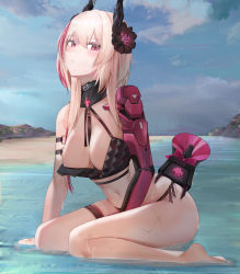 Rule 34 | 1girl, :t, arm strap, arm support, banana (girls&#039; frontline), bare shoulders, barefoot, bikini, black bikini, blonde hair, blush, breasts, choker, cleavage, cloud, cloudy sky, day, dinergate (girls&#039; frontline), flower, girls&#039; frontline, hair between eyes, headgear, kneeling, large breasts, long hair, looking at viewer, m4 sopmod ii (girls&#039; frontline), m4 sopmod ii (mod3) (girls&#039; frontline), mechanical arms, mod3 (girls&#039; frontline), multicolored hair, navel, outdoors, pink hair, pout, red eyes, ru zhai, side-tie bikini bottom, single mechanical arm, sitting, sky, solo, stomach, streaked hair, string bikini, swimsuit, thigh strap, thighs, water, wet