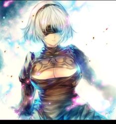 Rule 34 | 1girl, black dress, blindfold, breasts, cleavage, dress, hairband, large breasts, min-naraken, mole, mole under mouth, nier:automata, nier (series), puffy sleeves, short hair, signature, silver hair, solo, 2b (nier:automata)