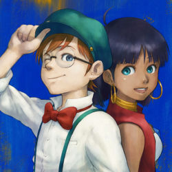Rule 34 | 1990s (style), 1boy, 1girl, ahoge, bad id, bad pixiv id, bandeau, bare shoulders, blue eyes, bow, bowtie, dark skin, earrings, fushigi no umi no nadia, gahon, glasses, green eyes, hat, jean roque lartigue, jean roque raltique, jewelry, looking back, nadia la arwall, neck ring, necklace, one eye closed, purple hair, short hair, smile, strapless, suspenders, tube top, vest, wink