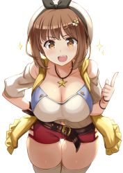 Rule 34 | 1girl, atelier (series), atelier ryza, atelier ryza 1, bare shoulders, belt, breasts, brown belt, brown eyes, brown hair, cleavage, collarbone, detached sleeves, foreshortening, hair ornament, hairclip, hand on own hip, hand up, hanging breasts, highres, index finger raised, jewelry, kibihimi, large breasts, leaning forward, looking at viewer, necklace, open mouth, red shorts, reisalin stout, short shorts, shorts, solo, sparkle, star (symbol), star necklace, teeth, thigh gap, thighhighs, thighs, upper teeth only, white background, white headwear, white thighhighs