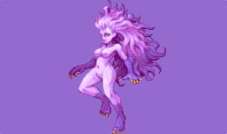 Rule 34 | 1990s (style), 1girl, abysswolf, breasts, claws, colored skin, psychic, female focus, final fantasy, final fantasy vi, floating, full body, monster girl, multicolored hair, navel, no pussy, nude, pixel art, purple background, purple hair, purple skin, simple background, solo, tina branford, trance terra branford, two-tone hair