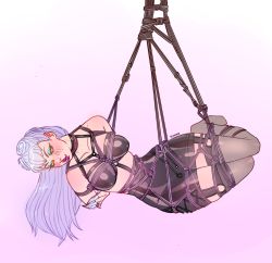 Rule 34 | 1girl, blush, bound, claws, evelynn (league of legends), hanging, highres, ilwha, k/da (league of legends), k/da evelynn, league of legends, lipstick, makeup, open clothes, pink background, rope, shibari, skirt, smirk, solo, thighhighs, tied up, yellow eyes