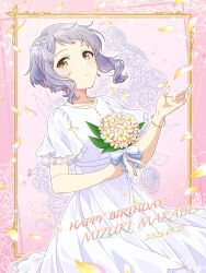 Rule 34 | 1girl, 2023, absurdres, bouquet, bow, bracelet, buttons, character name, collarbone, dress, earrings, flower, hair ornament, happy birthday, highres, holding, holding bouquet, idolmaster, idolmaster million live!, idolmaster million live! theater days, jewelry, looking at viewer, makabe mizuki, applying manicure, parted lips, petals, plumeria, purple hair, ribbon, see-through, see-through sleeves, shiro (ongrokm), short bangs, short hair, short sleeves, sidelocks, solo, tareme, wavy hair, white dress, yellow eyes