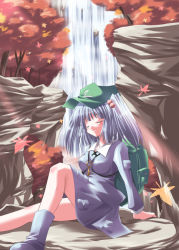 Rule 34 | 1girl, autumn, breasts, dress, closed eyes, female focus, forest, hat, kawashiro nitori, leaf, nature, outdoors, plant, solo, subaru noji, touhou, two side up, water, waterfall