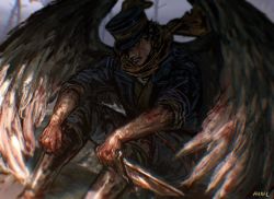 Rule 34 | 1boy, anniechromes, black footwear, blood, blood on clothes, bloody weapon, blue hat, blue jacket, blue pants, boots, day, feet out of frame, golden kamuy, hat, highres, holding, holding knife, jacket, knees up, knife, male focus, military, military hat, military uniform, outdoors, pants, reverse grip, scarf, sitting, sleeves rolled up, solo, sugimoto saichi, uniform, weapon, wings, yellow scarf
