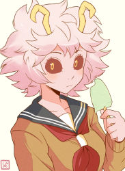 Rule 34 | 10s, 1girl, ashido mina, black sclera, boku no hero academia, colored sclera, colored skin, highres, horns, ice cream bar, long sleeves, pink hair, pink skin, red neckwear, sally (luna-arts), short hair, signature, simple background, solo, white background, yellow eyes