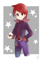 Rule 34 | 1boy, border, closed mouth, commentary request, cowlick, creatures (company), game freak, grey background, grey eyes, hachi (hachi sin), hand in pocket, highres, holding, holding poke ball, jacket, long hair, long sleeves, male focus, nintendo, pants, poke ball, pokemon, pokemon hgss, purple jacket, purple pants, red hair, signature, silver (pokemon), smile, solo, star (symbol), white border