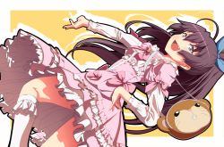 Rule 34 | 1girl, :d, bag, blue eyes, bow, brown hair, dress, fang, frills, ganaha hibiki, hair bow, idolmaster, idolmaster (classic), long hair, open mouth, outstretched arm, ponytail, smile, solo, tsukumo (soar99), very long hair
